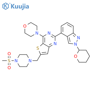 4-[6-[(4-methylsulfonylpiperazin-1-yl)methyl]-2-[2-(oxan-2-yl)indazol-4-yl]thieno[3,2-d]pyrimidin-4-yl]morpholine structure