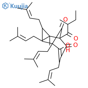 Bicyclo[3.3.1]non-3-ene-2,9-dione,4-hydroxy-6-methyl-1,3,7-tris(3-methyl-2-buten-1-yl)-5-(2-methyl-1-oxobutyl)-6-(4-methyl-3-penten-1-yl)-,(1R,5S,6R,7S)- structure