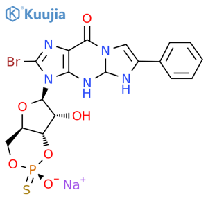 sodium,3-[(4aR,6R,7R,7aS)-7-hydroxy-2-oxido-2-sulfanylidene-4a,6,7,7a-tetrahydro-4H-furo[3,2-d][1,3,2]dioxaphosphinin-6-yl]-2-bromo-6-phenyl-5H-imidazo[1,2-a]purin-9-one structure