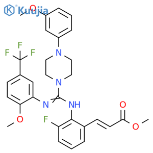 methyl (E)-3-(3-fluoro-2-(((E)-((2-methoxy-5-(trifluoromethyl)phenyl)amino)(4-(3-methoxyphenyl)piperazin-1-yl)methylene)amino)phenyl)acrylate structure