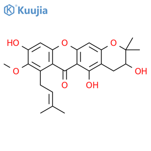 2H,6H-Pyrano[3,2-b]xanthen-6-one,3,4-dihydro-3,5,9-trihydroxy-8-methoxy-2,2-dimethyl-7-(3-methyl-2-buten-1-yl)-,(+)- structure